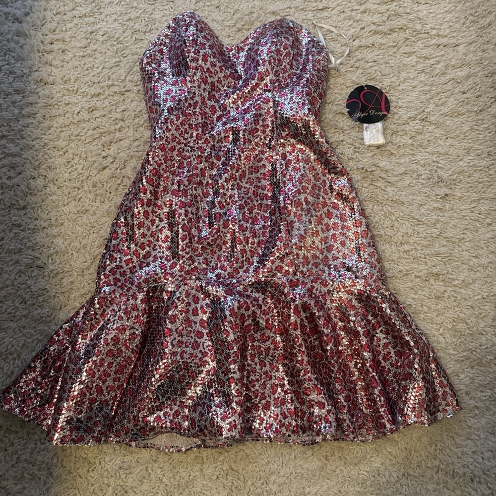 Strapless Sequin Mini Dress in Pink Floral